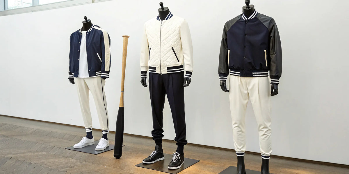 Beisbol athletic streetwear jackets and joggers displayed on mannequins.