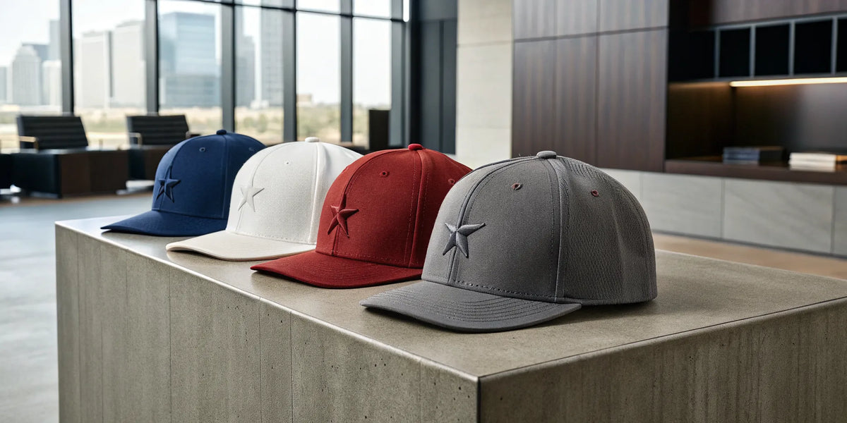 Four different Beisbol Texans hats in blue, white, red, and gray on a table.