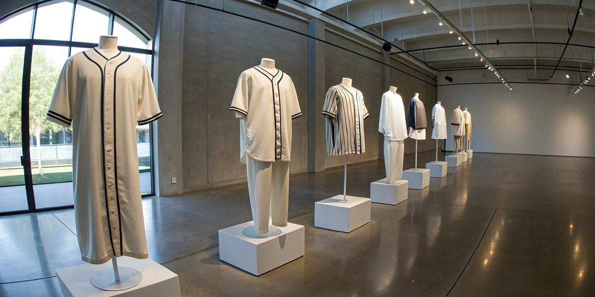 Mannequins displaying beisbol sports inspired apparel and jerseys.