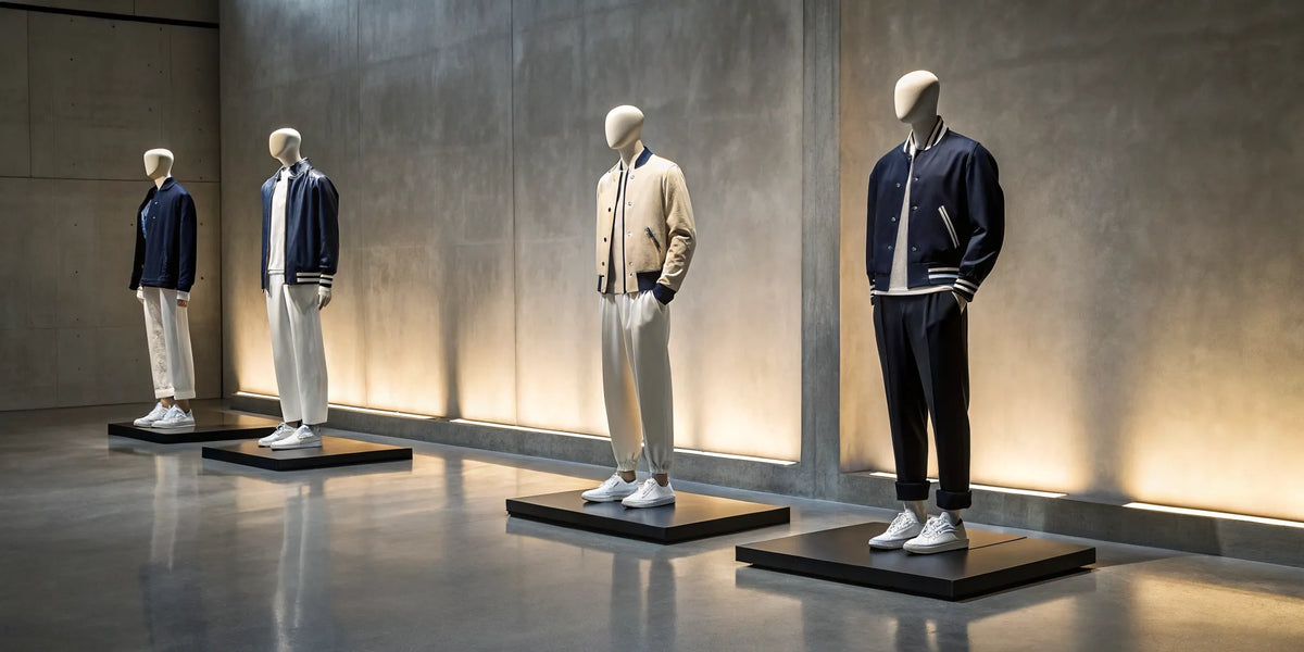 Premium beisbol casual wear, including varsity jackets and sneakers, displayed on mannequins.