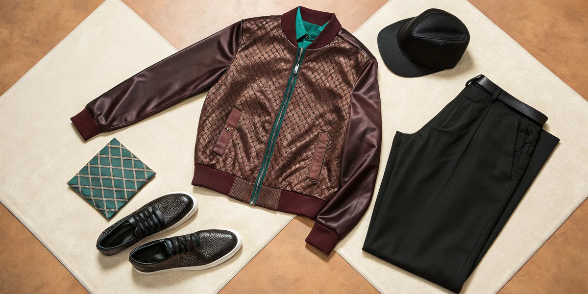 Diamond Backs beisbol streetwear style with a maroon jacket, black cap, and sneakers.