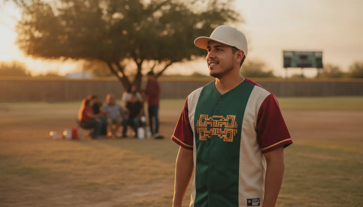 Banda-inspired Mexican baseball jersey and cap style at a community ball field