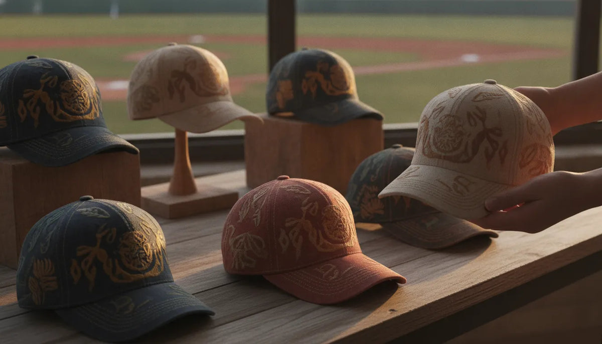 Collector's display of premium embroidered Mexican baseball caps with regional state colors in warm golden light on a wooden table