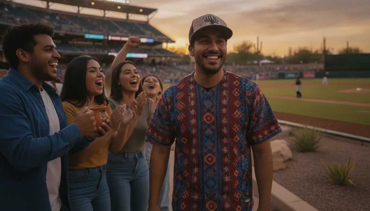 Mexican American baseball fans in Arizona game-day jerseys and embroidered caps