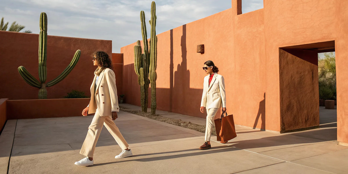 Modern Arizona beisbol fashion with two women in stylish suits walking past desert cacti.