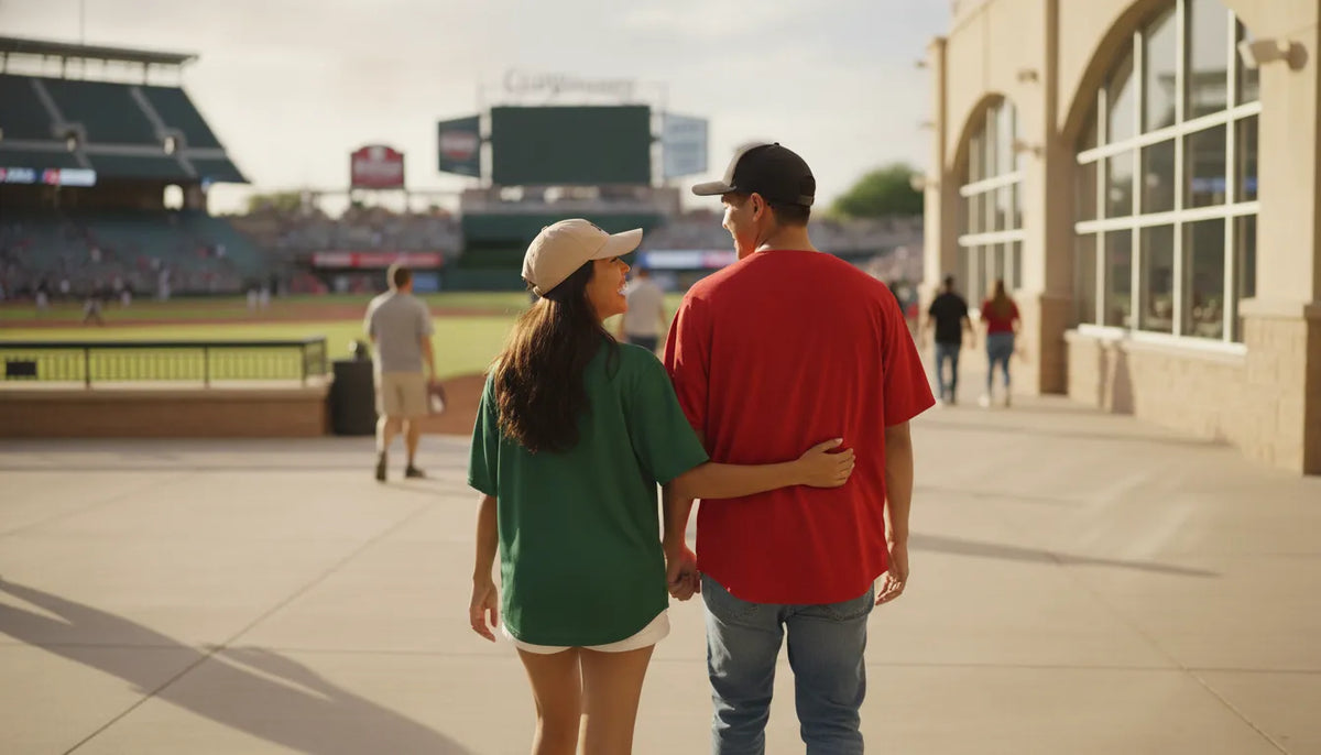 Couple in Mexican baseball jerseys walking through a sunny Phoenix ballpark