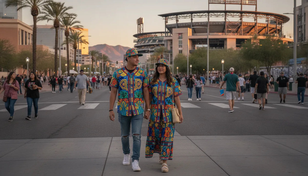 Latino couple walking toward a D-backs game wearing Mexican baseball jerseys and caps in Phoenix street style