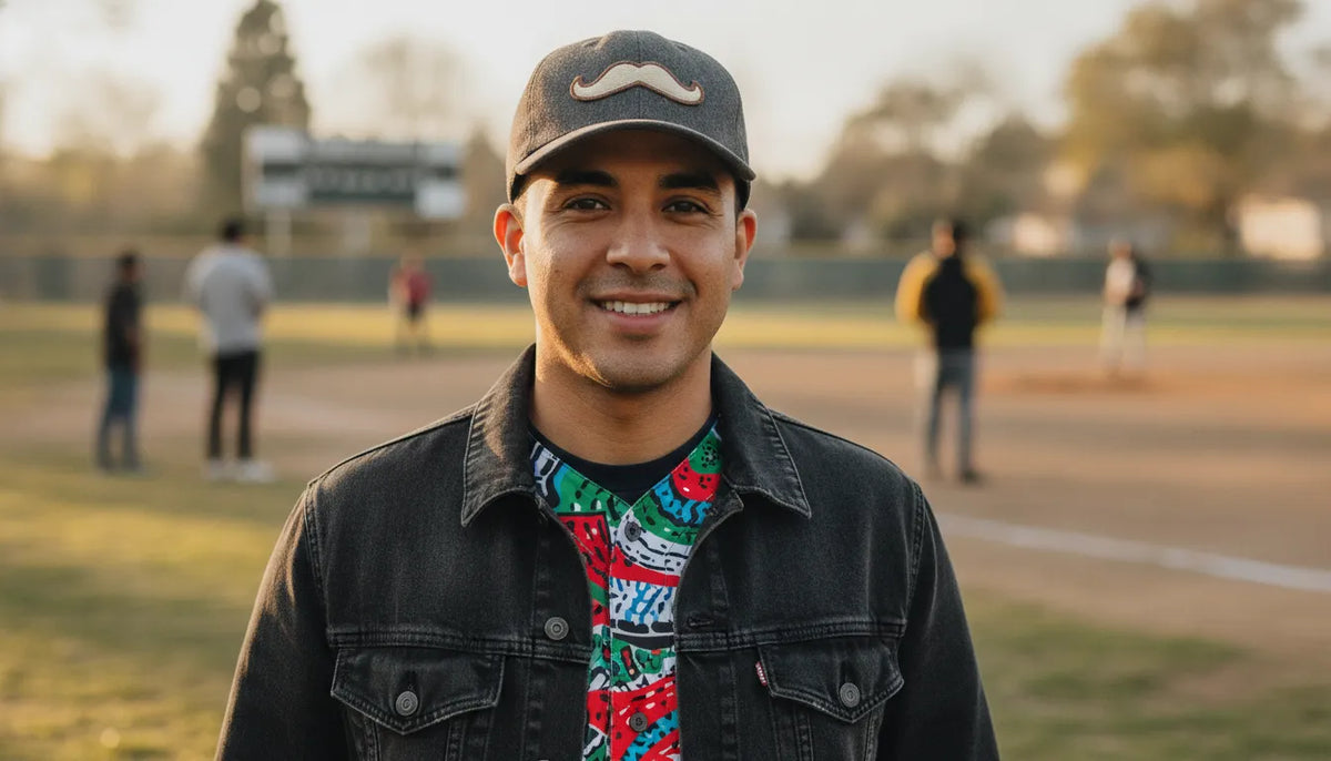 Fan styling a Mexican baseball jersey and mustache-themed casual cap