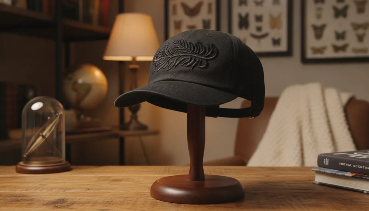 A collector displaying a premium black embroidered Mexican baseball cap on a wooden stand in a warm room