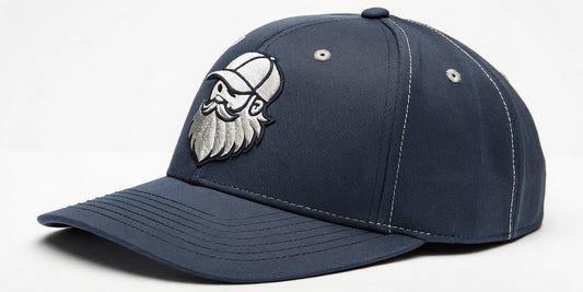 Navy blue Beisbol Barbas embroidered hat with a bearded logo and 5-panel design.