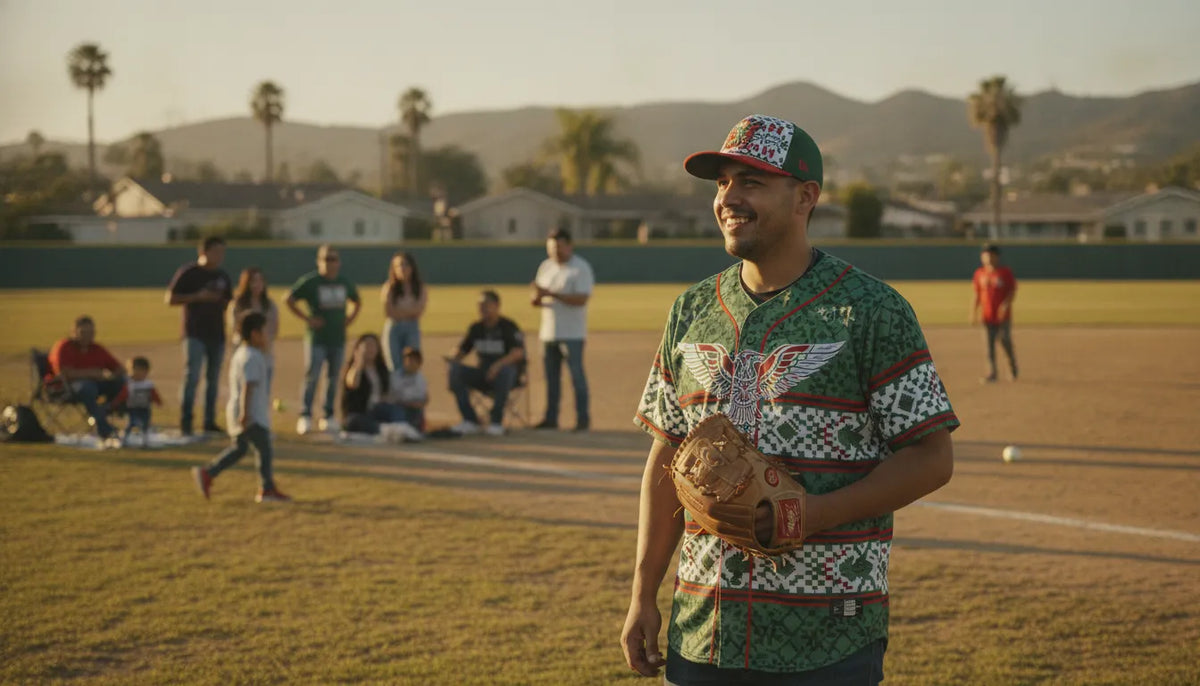 Mexican baseball family wearing California state pride apparel