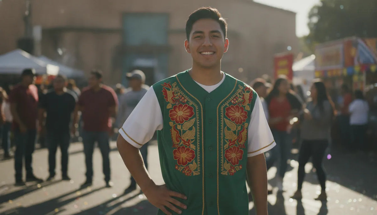A proud Mexican-American man wearing an embroidered green state baseball jersey at a festive California street celebration, showing authentic beisbol California apparel heritage