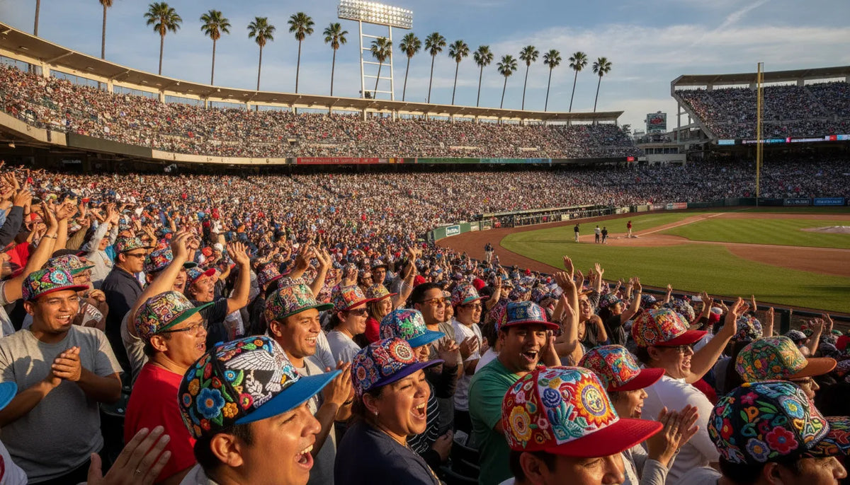 Fans at a sunny California ballpark wearing embroidered Mexican-style beisbol caps
