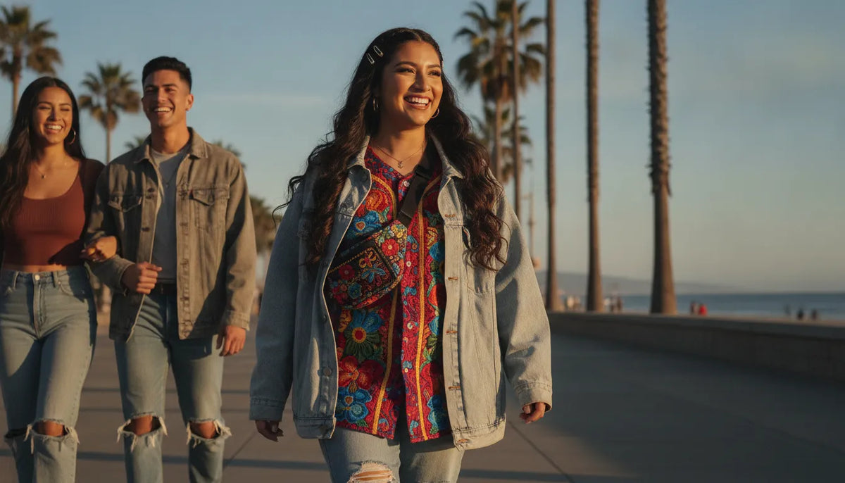 Young woman styled in an embroidered Mexican baseball jersey enjoying a sunny California day