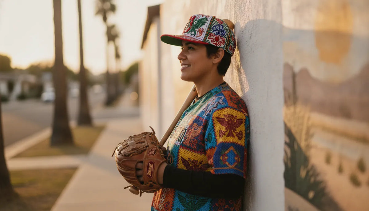 Mexican baseball fan wearing an embroidered snapback hat with a colorful jersey in California