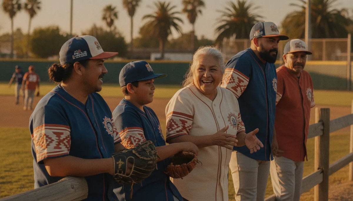 Mexican American baseball fans wearing state jerseys and embroidered caps at a California ballfield