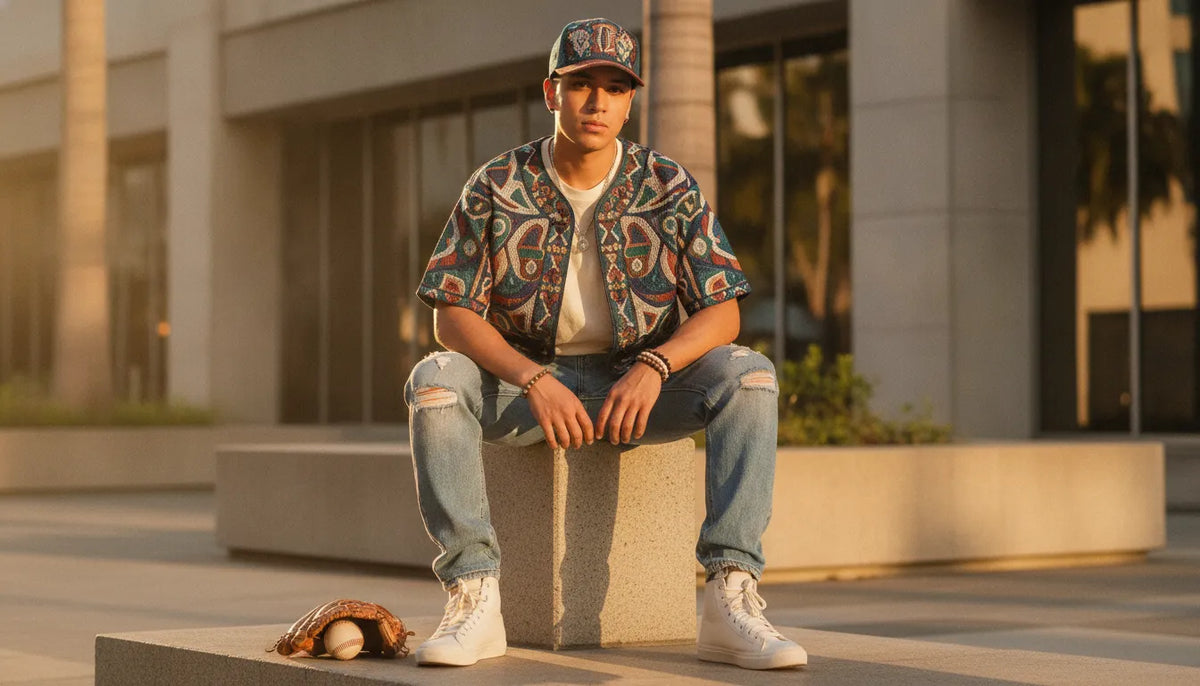California fan wearing an embroidered Mexican state baseball jersey and cap with relaxed streetwear