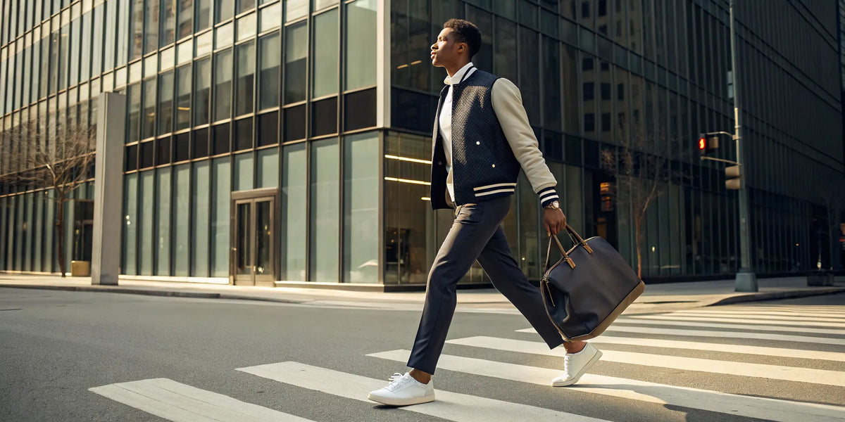 Man in a casual streetwear outfit with a beisbol varsity jacket, tailored pants, and sneakers.