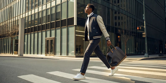Man in a casual streetwear outfit with a beisbol varsity jacket, tailored pants, and sneakers.