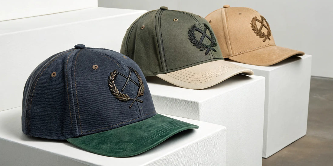 Beisbol Dandy embroidered hats in navy, olive, and tan.