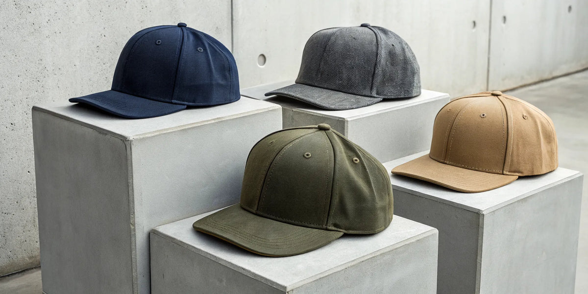A collection of Beisbol Dandy fitted hats in navy, gray, olive, and tan.