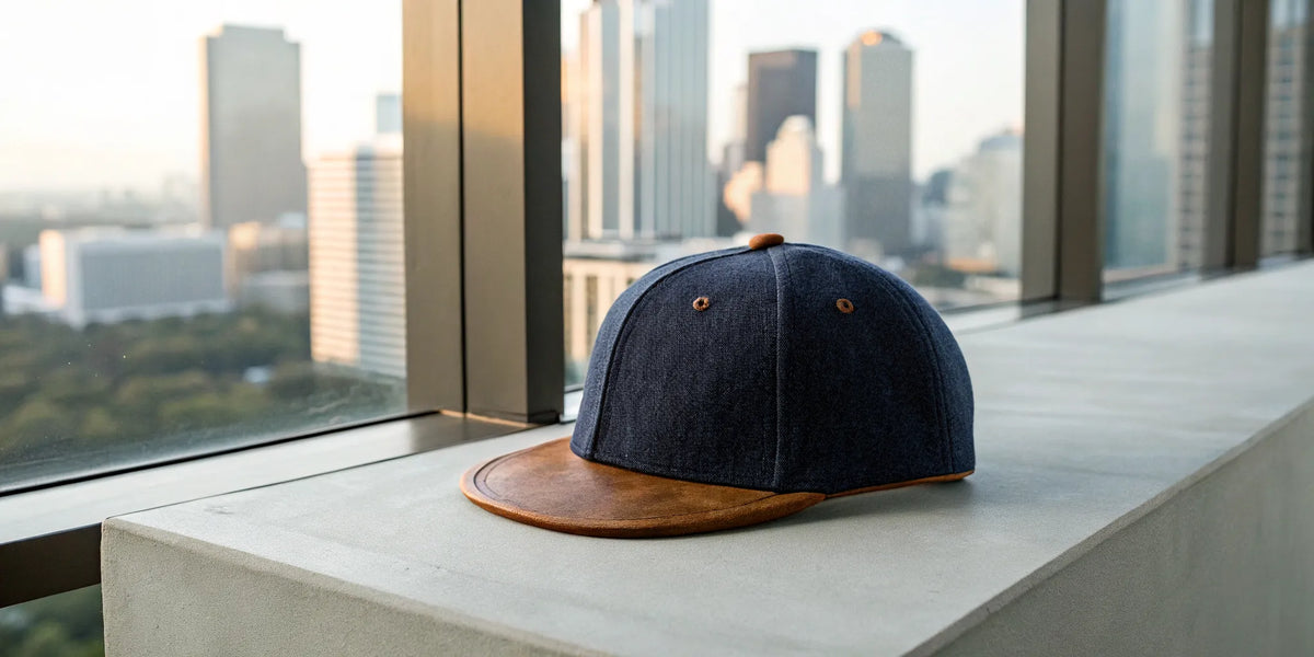 Houston Astros Dandy beisbol hat with a leather brim on a city rooftop.