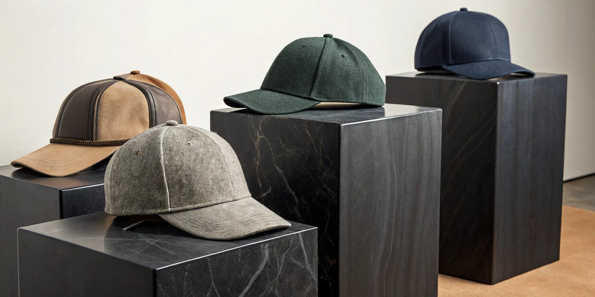 Four neutral-colored Beisbol Dandy lifestyle hats on display.