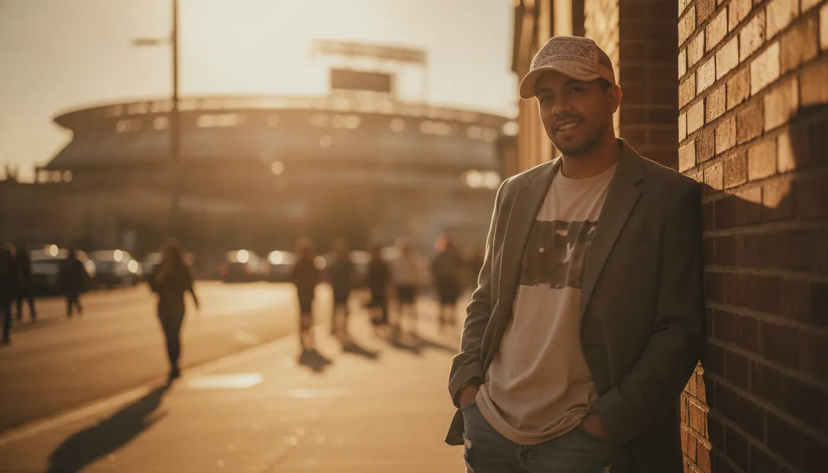 A stylish fan wearing a sharp structured Mexican-style baseball cap with embroidered detail on a city street