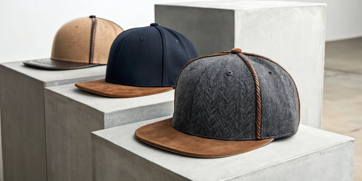 Dandy urban beisbol hats in wool and suede on concrete blocks, defining modern streetwear style.