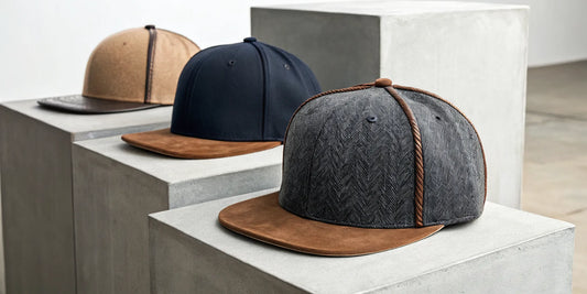 Dandy urban beisbol hats in wool and suede on concrete blocks, defining modern streetwear style.