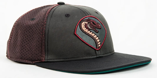 Black and maroon Diamond Backs Barbas beisbol hat with an embroidered snake logo.