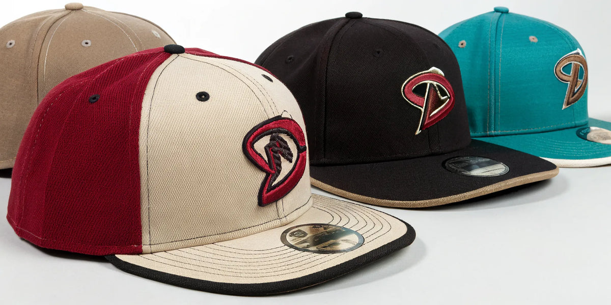 A collection of Beisbol Diamondbacks hats in different styles like fitted, snapback, and flexfit.