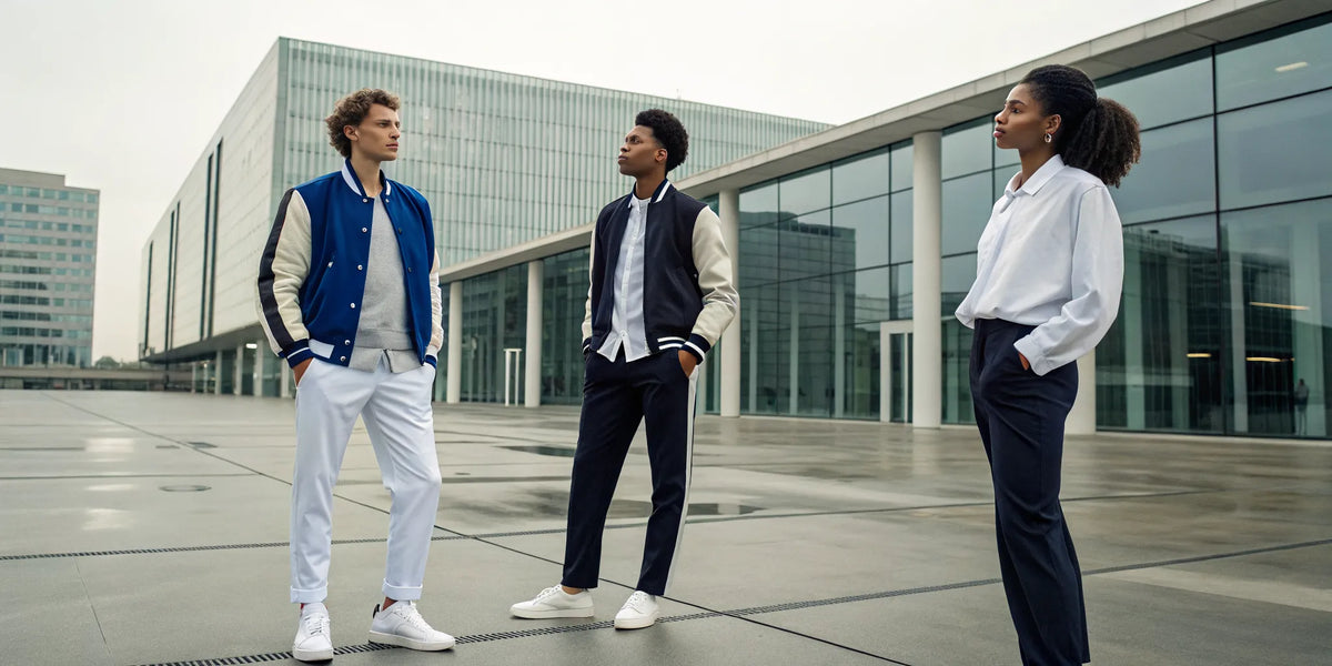 Three people in modern Dodgers streetwear, blending beisbol culture with urban style.