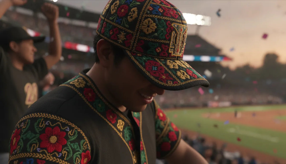 Embroidered beisbol ball cap worn by a Mexican baseball fan in a stadium
