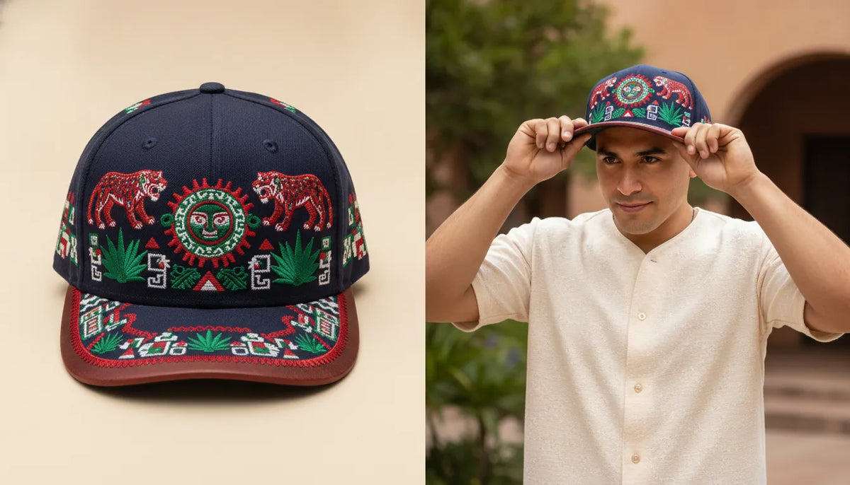 Structured beisbol fitted cap with embroidered details representing Mexican regional pride
