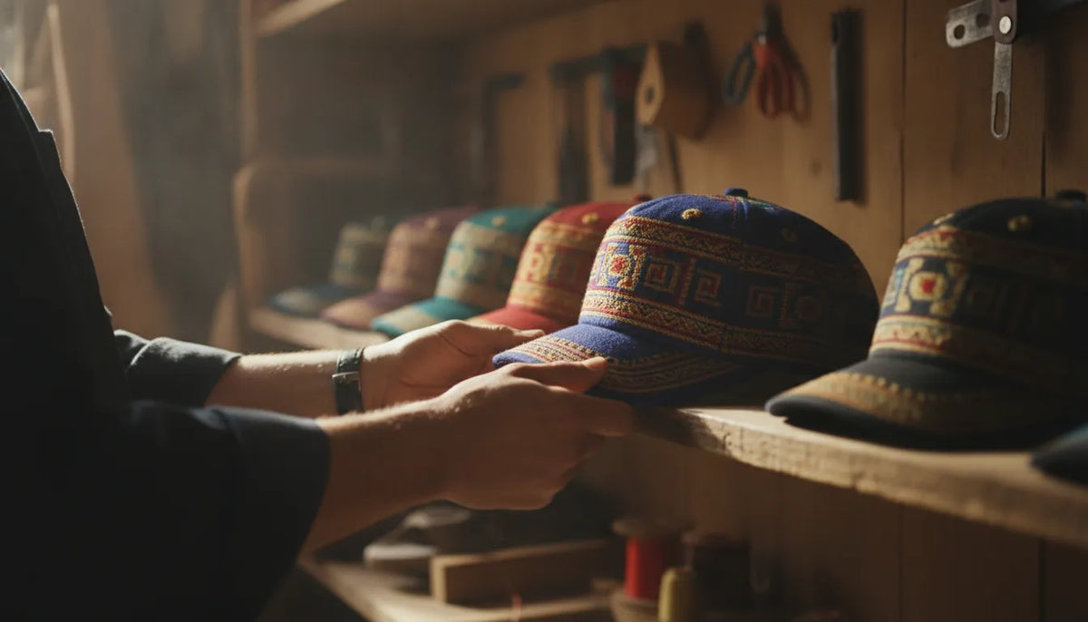 Beisbol Gallo Fino collector hats arranged on a wooden shelf with handmade Mexican caps in warm light