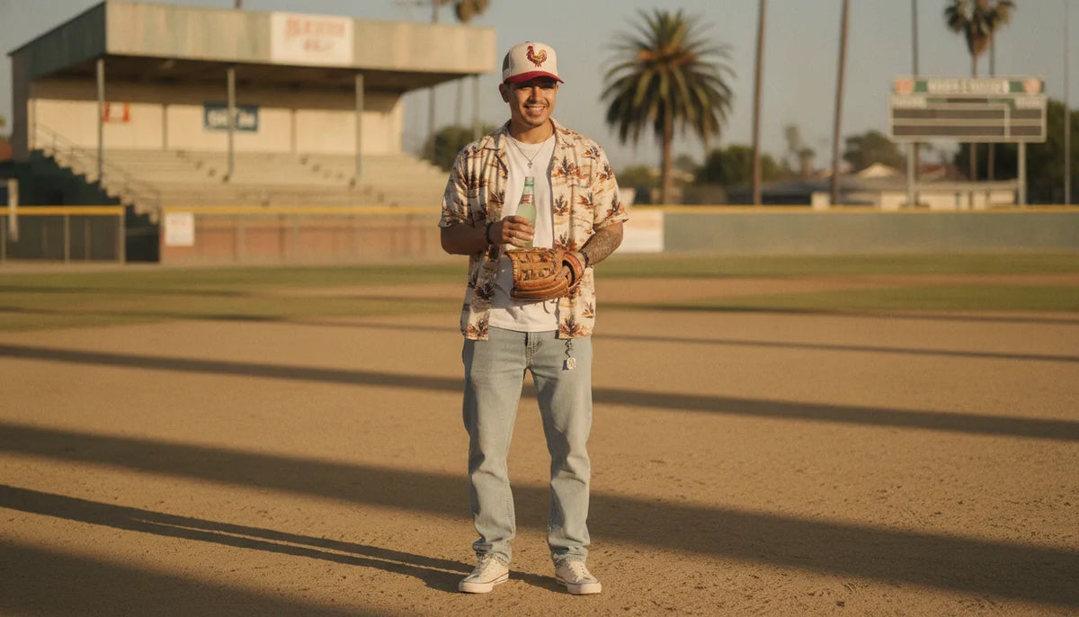 Mexican baseball fan wearing an embroidered Gallo Fino cap at a California ballpark