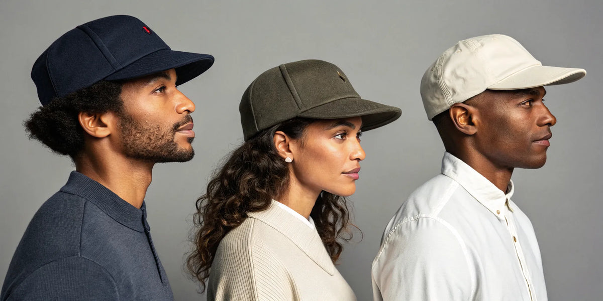 Three people wearing different styles of Beisbol Gallo Fino lifestyle hats.