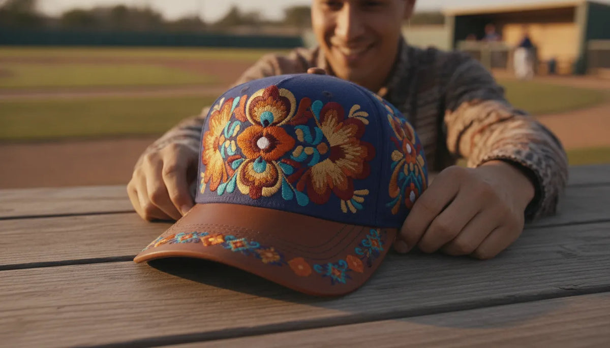 Premium embroidered Mexican-style baseball cap resting on a wooden table in warm golden-hour light near a ball field