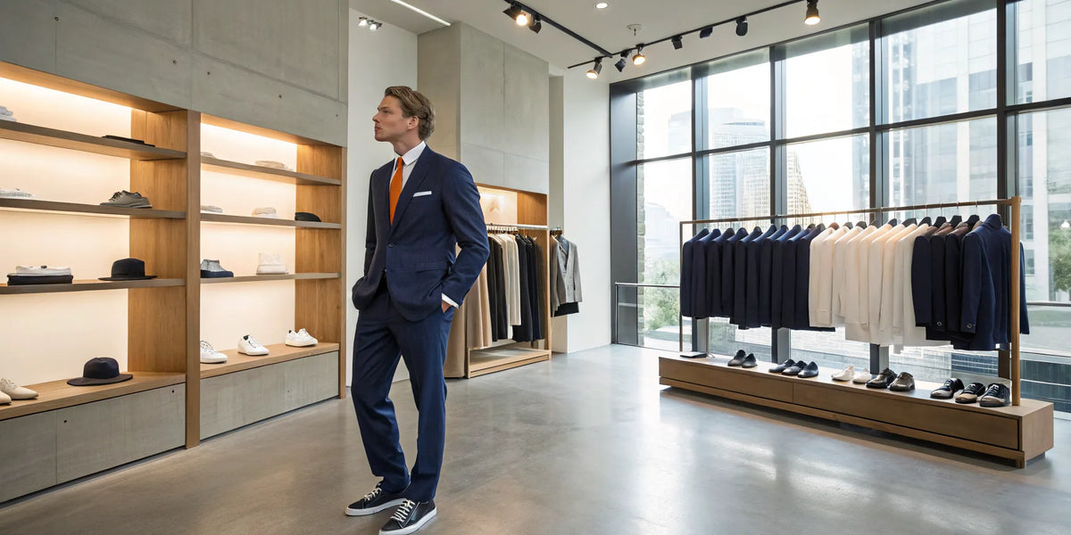 Man shopping for Houston Astros beisbol fashion and apparel in a modern clothing store.