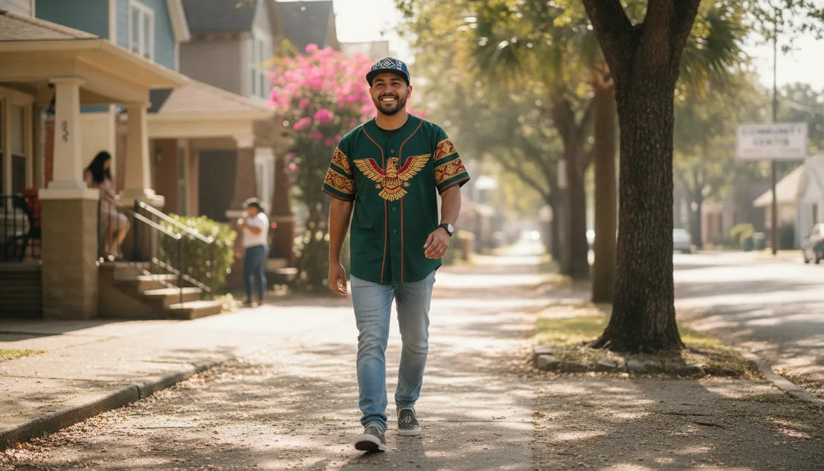 Houston fan wearing a Mexican state baseball jersey and embroidered cap