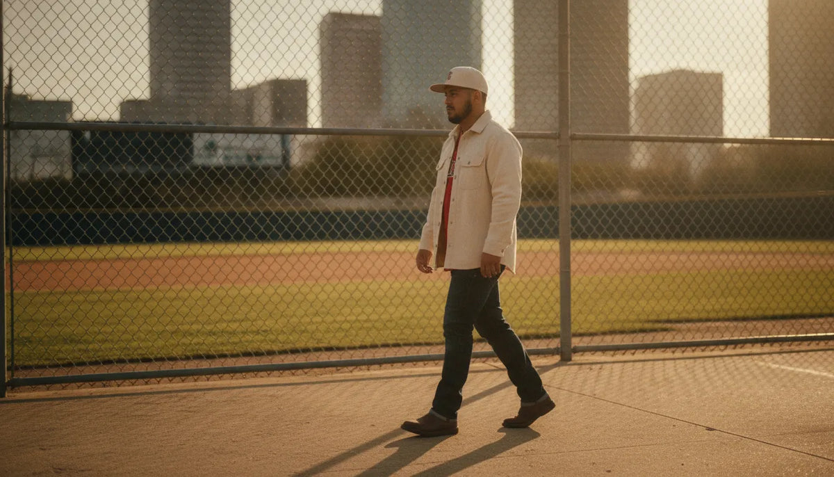 Mexican-American man wearing a fitted baseball hat near a Houston baseball field