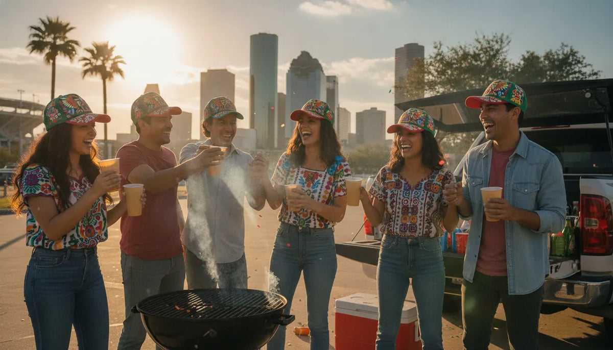 Friends in Houston wearing Mexican-style beisbol caps at a sunny tailgate