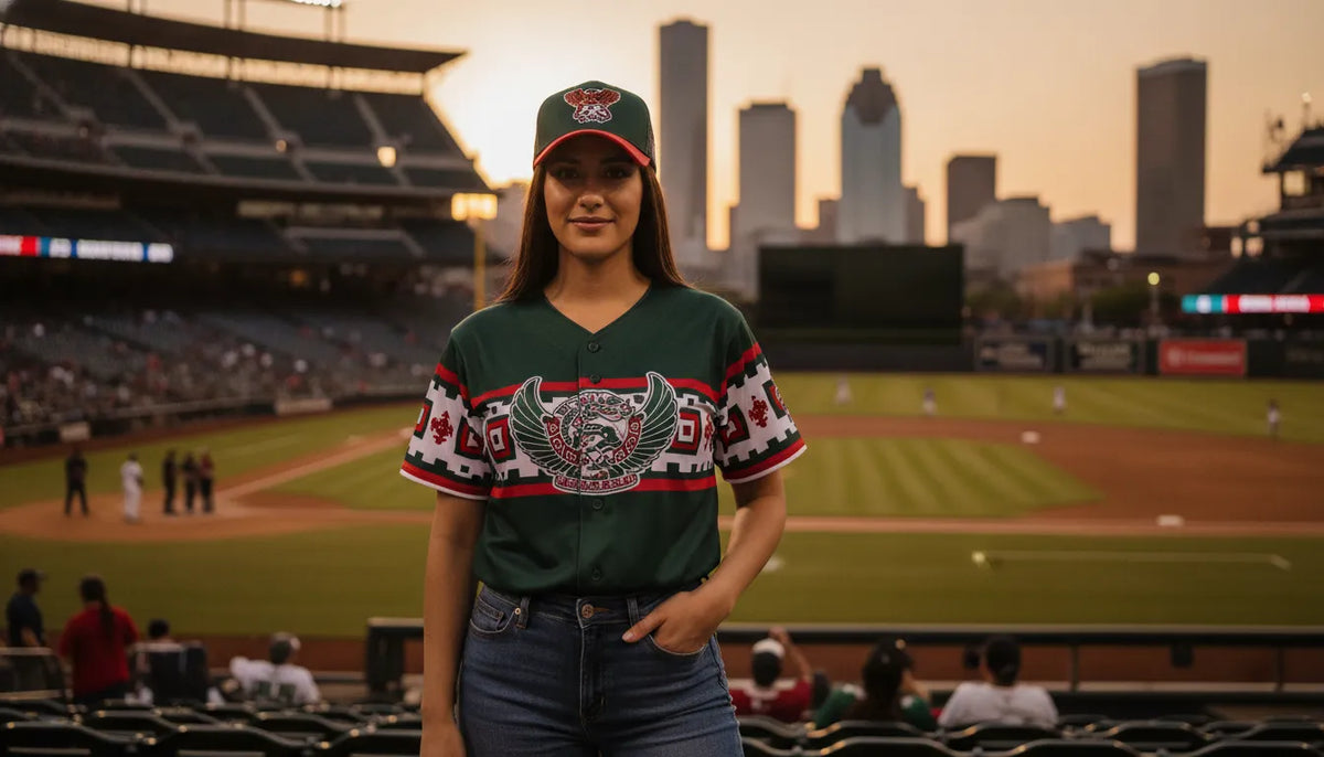 Houston fan wearing a Mexican state baseball jersey and embroidered cap