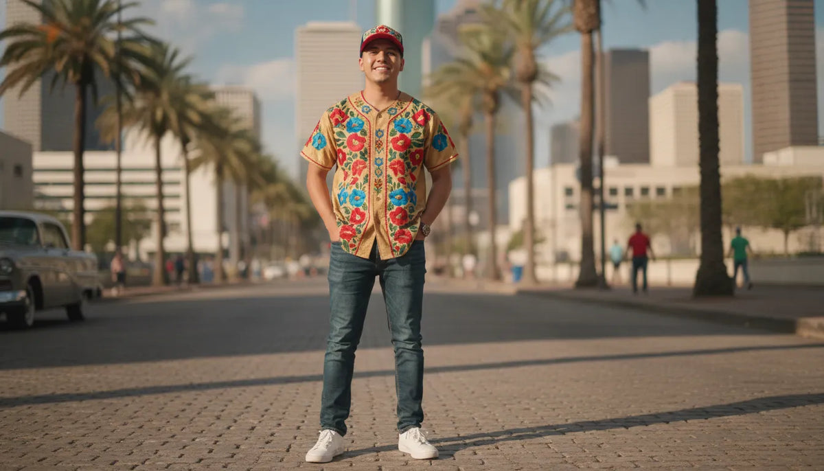 Latino man wearing an embroidered Mexican baseball jersey and matching cap on a sunny Houston street