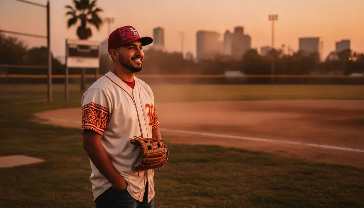 Beisbol Houston snapback hats styled with a Mexican baseball jersey
