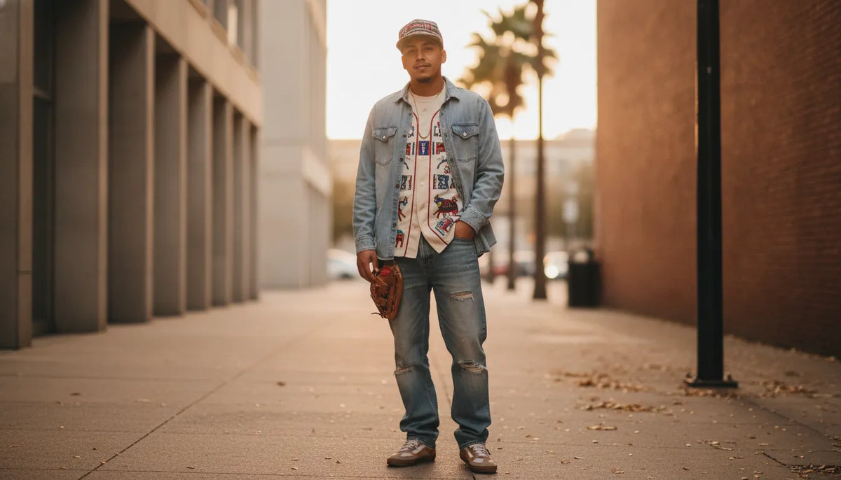 Houston fan wearing a Mexican state baseball jersey, embroidered cap, and layered streetwear outfit