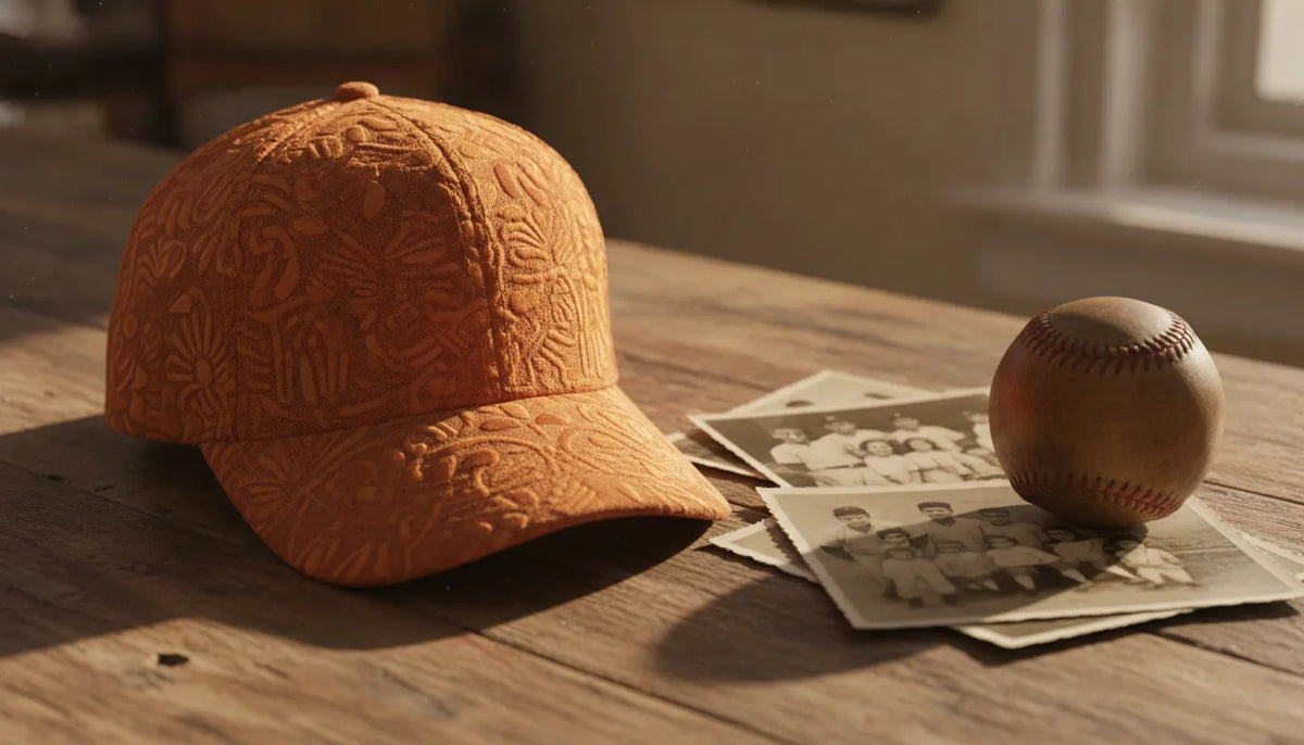 Collectible Beisbol limited edition hat in warm amber tones on a rustic table beside family photographs