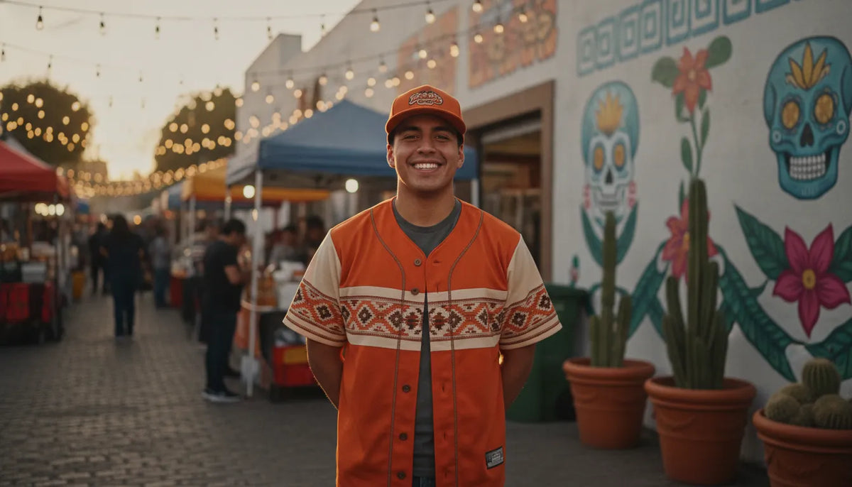 Proud young man wearing orange embroidered Mexican state baseball jersey at a Los Angeles street market