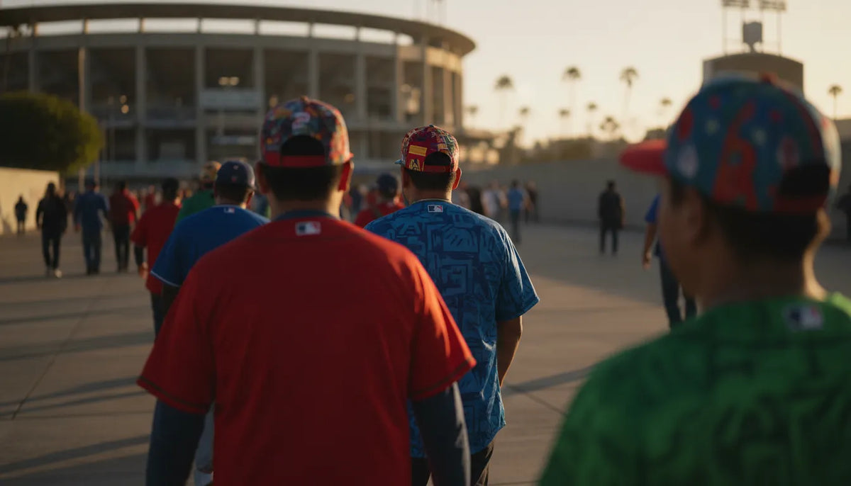 Mexican American fans wearing state jerseys and caps near a Los Angeles stadium